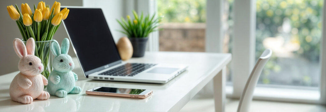 Celebrate Easter with vibrant decorations and a cheerful workspace for spring festivities. Happy Easter Banner - Powered by Adobe