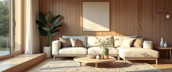 sunlit minimalist living room with sectional sofa natural decor
