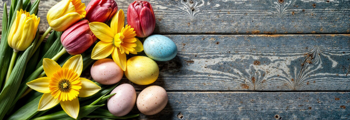 Colorful Easter eggs and vibrant flowers for a joyful spring celebration. Happy Easter Banner