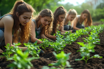 A young woman planting a sapling in a community garden, wearing gloves and a green apron. Volunteers in the background are also engaged in tree planting, symbolizing teamwork