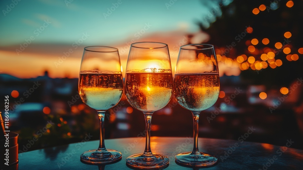Poster three elegantly arranged glasses of white wine glimmer in the fading sunlight, highlighting a pictur