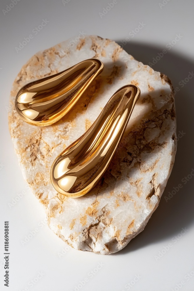 Poster unique golden sculptures resting on a textured stone base in a minimalistic setting perfect for cont
