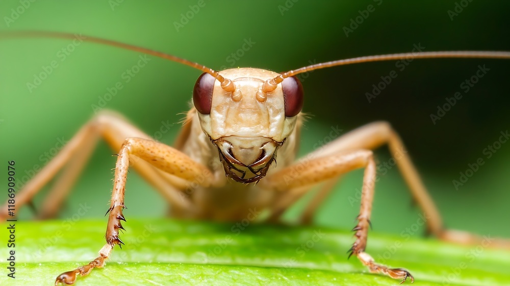 Poster macro closeup of a cricket on a leaf displaying intricate details of insect anatomy : generative ai