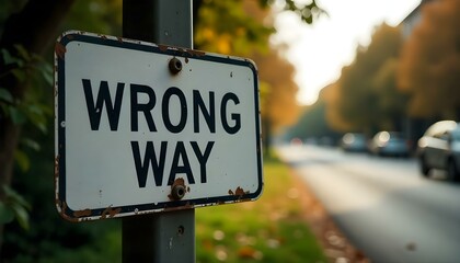 Wrong way road sign, concept of a person being uncertain and lost in direction