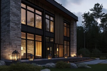 Obraz premium Modern architectural design showcased in a serene outdoor setting during twilight hours with elegant lighting and natural elements complementing the structure