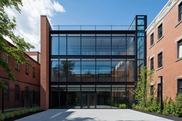 Contemporary architectural design beautifully highlights the harmonious combination of glass and brick elements set within an urban courtyard, all illuminated by the vibrant brightness of daylight