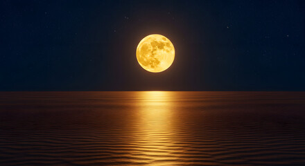 A golden full moon ascends above a desert landscape, set against a deep blue night sky adorned with stars, casting reflections on the desert floor.