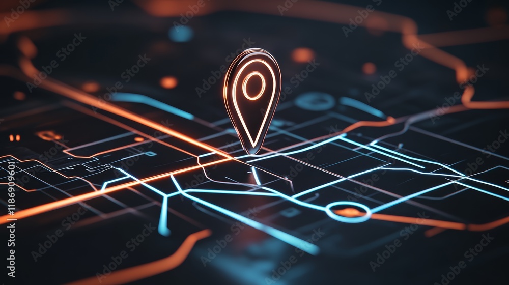 Aufkleber glowing location pin is showing position on futuristic digital map with orange and blue neon lines, 