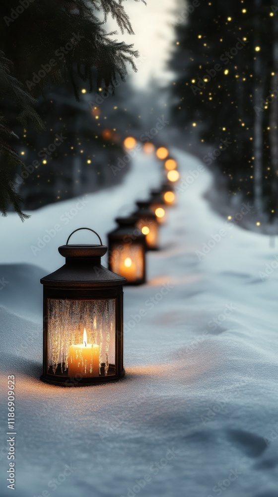 Poster path illuminated by lanterns through snowy forest during winter evening with soft glowing lights cre