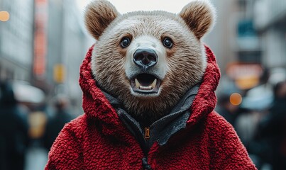 A bear wearing a red hooded jacket stands in an urban setting, blending animal and human elements.