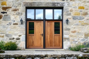 Fototapeta premium Elegant wooden doors framed by a rustic stone exterior in a serene outdoor setting, inviting visitors into a peaceful retreat