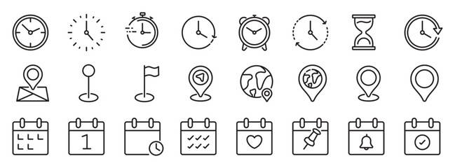 Time, date and location icon set in line style, Containing hourglass, pin, stopwatch, calendar, clock, gps point, flag point, globe point and more, vector illustration