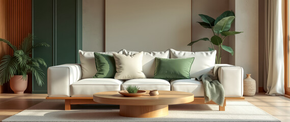 calming living room with a white sofa green accents