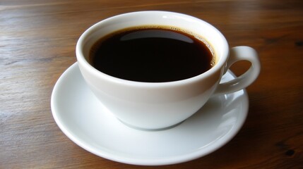 Fototapeta premium Steaming cup of freshly brewed black coffee on a rustic wooden table : Generative AI