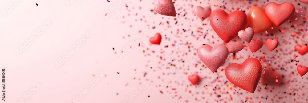 Poster romantic pink background filled with floating hearts and colorful confetti, creating a festive atmos