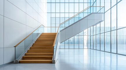 Obraz premium Modern wooden staircase in a glass-walled building.