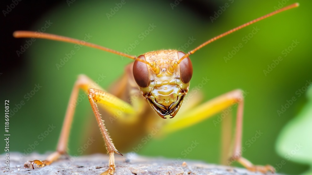 Aufkleber Close up of an alert praying mantis on a lush green background : Generative AI