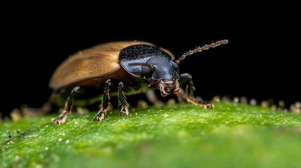 Naklejka premium Dark Beetle on Green Plant Displaying Bold Colors in Detailed CloseUp : Generative AI