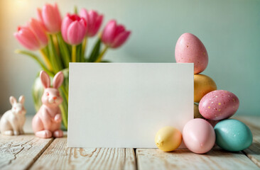 Colorful Easter Card Mockup with flowers and eggs create a festive spring atmosphere. Happy Easter Banner