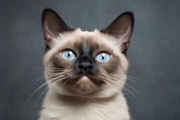 Fototapeta premium Portrait of a smiling siamese cat isolated on soft gray background
