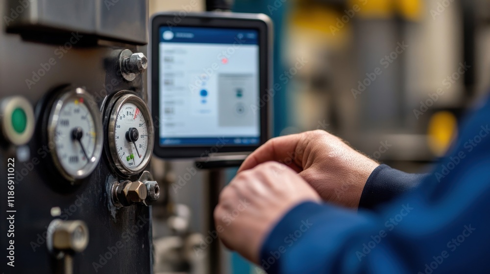 Poster factory worker monitoring pressure gauges and using a digital tablet, ensuring smooth operations and