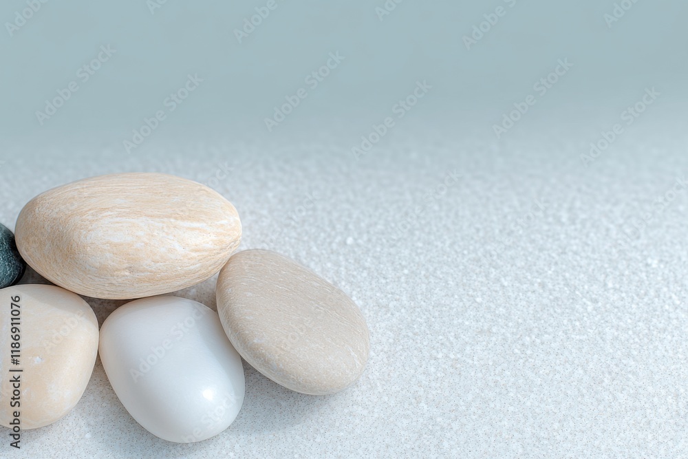 Poster collection of smooth pebbles arranged on a soft sand surface in a minimalist setting showcasing natu
