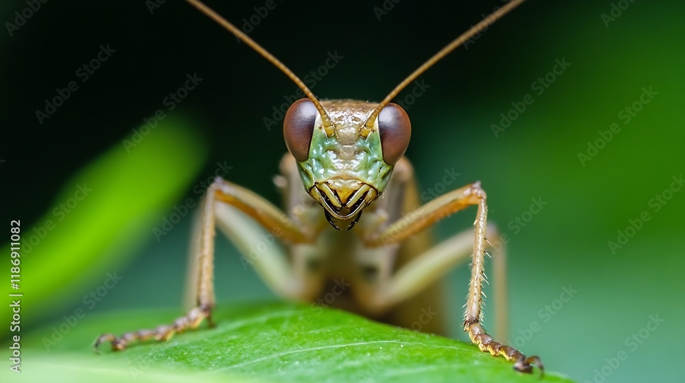 Poster close up of a green mantis on leaf in a natural outdoor setting : generative ai