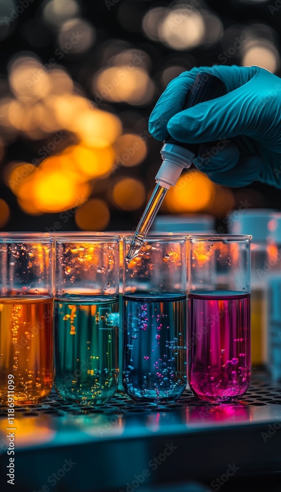 Poster laboratory experiment scientist carefully adding liquid to test tubes with pipette, close up view