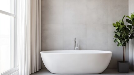 Fototapeta premium Minimalist White Bathroom with Modern Freestanding Bathtub and Elegant Decor : Generative AI