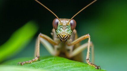 Fototapeta premium Close Up of a Green Mantis on Leaf in a Natural Outdoor Setting : Generative AI