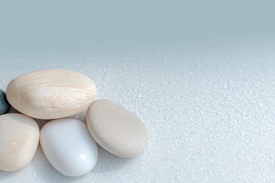 Collection of smooth pebbles arranged on a soft sand surface in a minimalist setting showcasing natural textures and colors