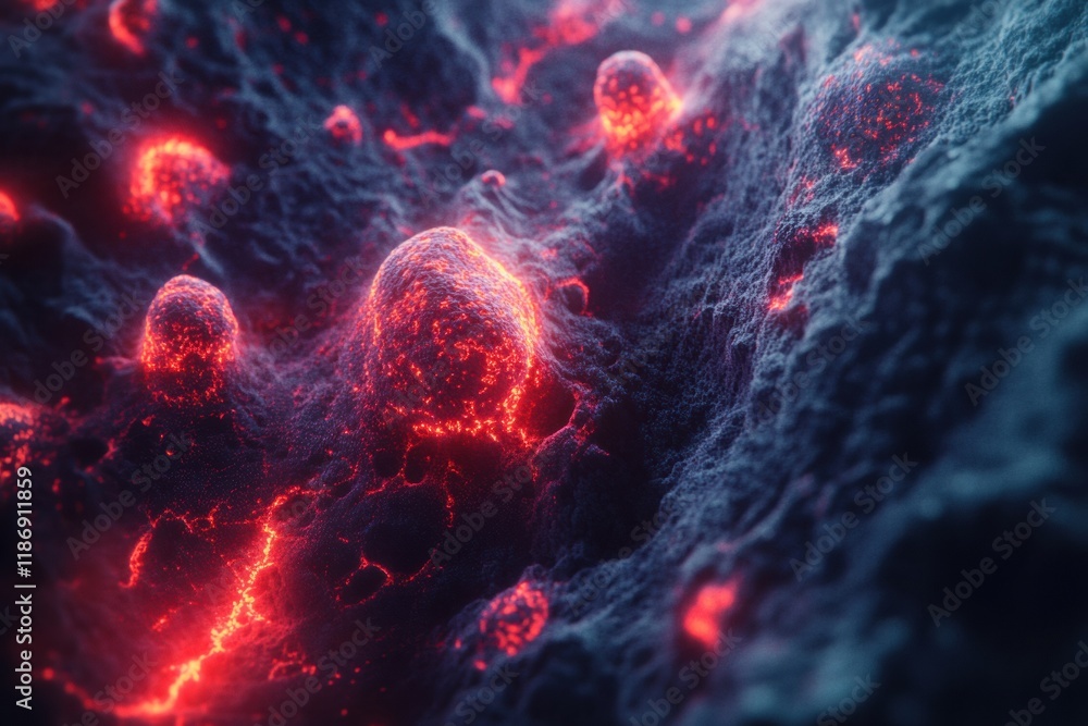 Poster Cancer cells illuminated with glowing edges showcasing cellular activity in microscopic detail and structure. Generative AI