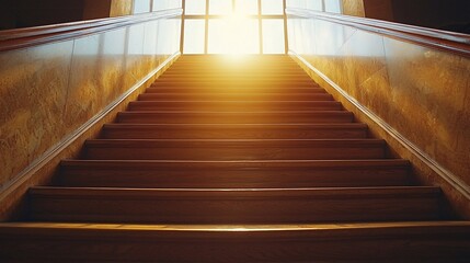 Fototapeta premium Bright sunlight shining through window at top of wooden staircase.