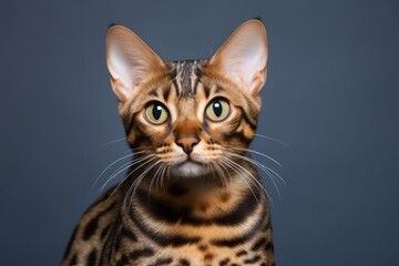 Obraz premium Portrait of a funny bengal cat on soft gray background