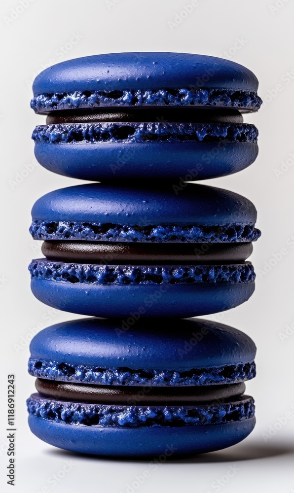 Poster blue macarons stacked three high showcasing their smooth texture and rich filling against a neutral 
