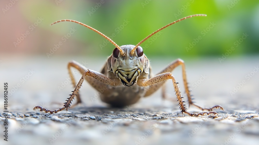 Aufkleber closeup of a cricket bug on a surface staring directly at the camera lens : generative ai