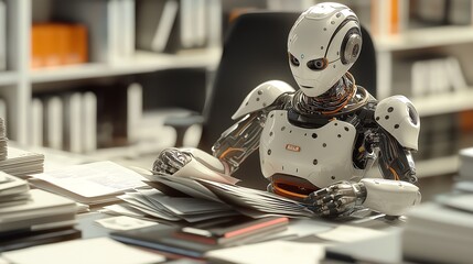 AI-powered office robot organizing files and sorting paperwork in a corporate environment.