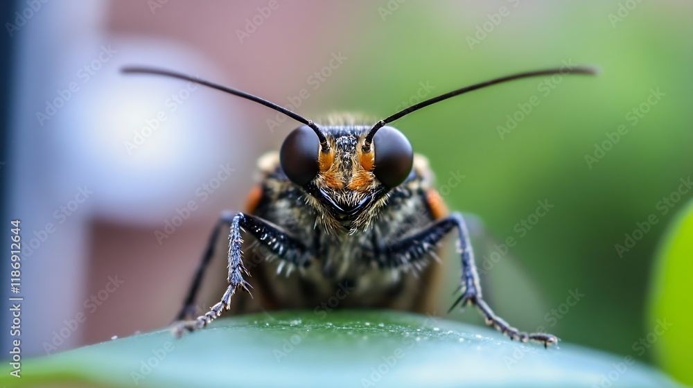 Poster closeup of colorful moth sitting on leaf with blurred green background : generative ai