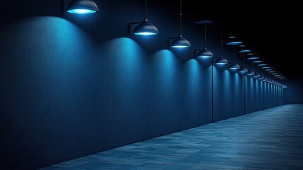 Dark blue alleyway with glowing lights.