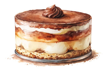 Watercolor cake illustration, delicious dessert, layered chocolate, creamy texture, artistic food design, bakery art.