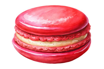 Red macaron dessert, watercolor illustration, sweet pastry, gourmet treat, vibrant colors, food art, culinary design.