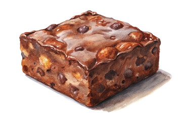Realistic watercolor brownie, rich chocolate texture, delicious dessert illustration, food art, bakery product.
