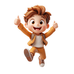 Fototapeta premium Cute red-haired cartoon boy jumping and raising his arms, celebrating. On transparent background.
