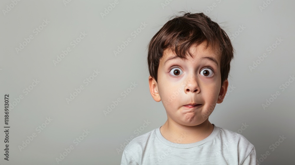 Poster young boy displays a surprised expression while looking directly into the camera with wide eyes and 