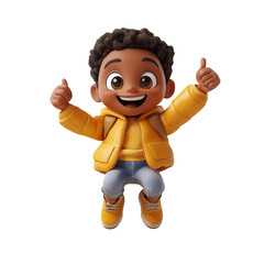 A black cartoon boy jumping for joy and giving a thumbs up on a transparent background.