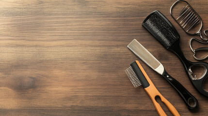 Hair tools arranged on a wooden surface for grooming and styling sessions at a salon or home setting,copy space