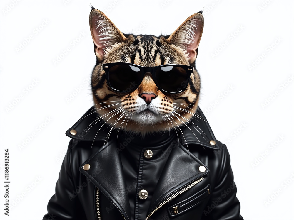 Poster a punk rock cat wears a leather outfit with sunglasses, isolated on a white background created by an