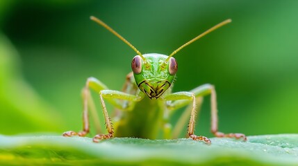 Fototapeta premium Close Up of a Bright Green Praying Mantis on Leaf with Vivid Details and Intricate Features : Generative AI