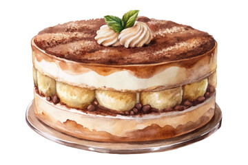 Watercolor cake illustration, delicious dessert, layered design, creamy texture, elegant presentation, food art, culinary delight.