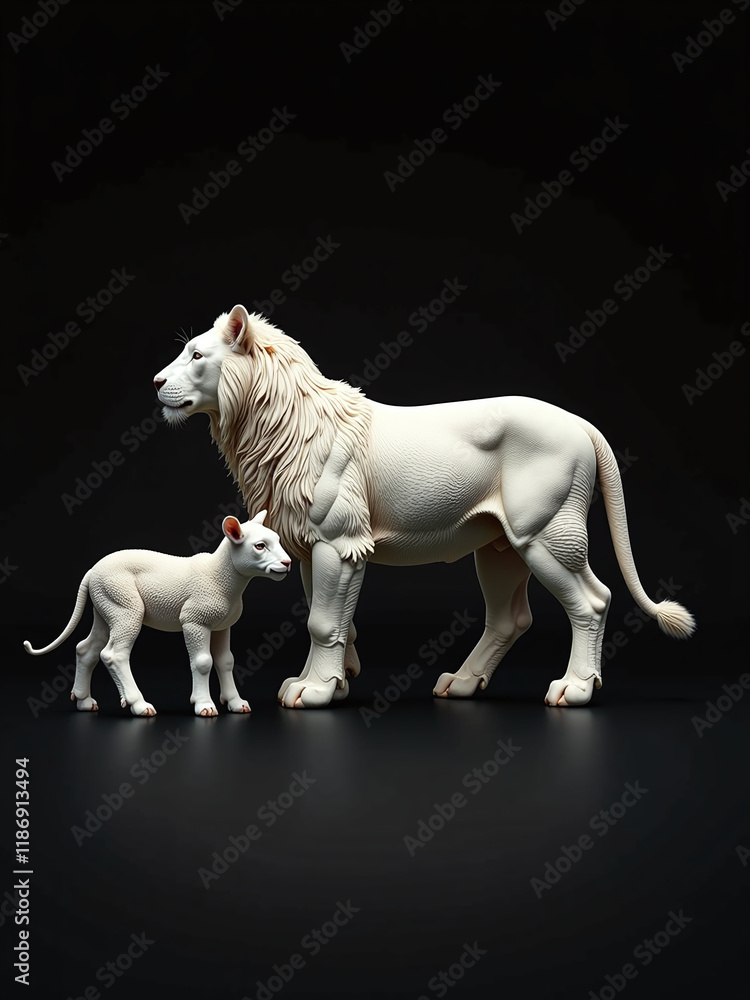 Poster a profile of a white lamb and lion is isolated on a simple black background with artificial intellig